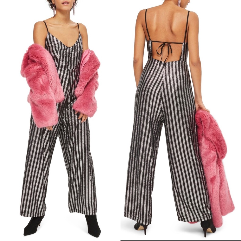 TOPSHOP Sequin Striped Wide Leg Palazzo Jumpsuit